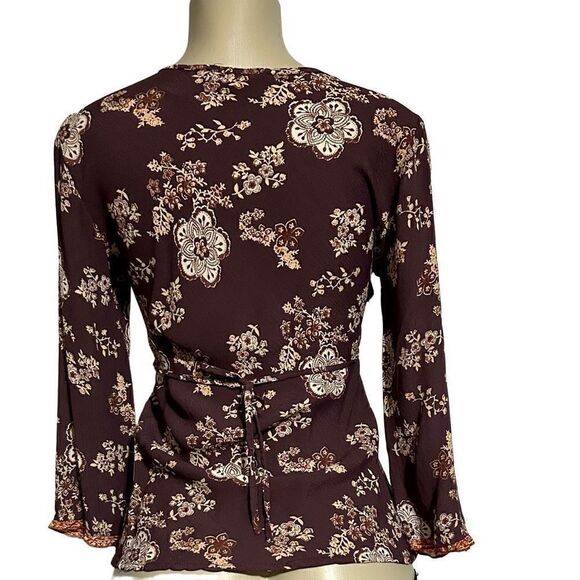 Quizz Bazaar Blouse Women's Medium Burgundy & White Flowy Floral Vintage Top - Picture 8 of 13